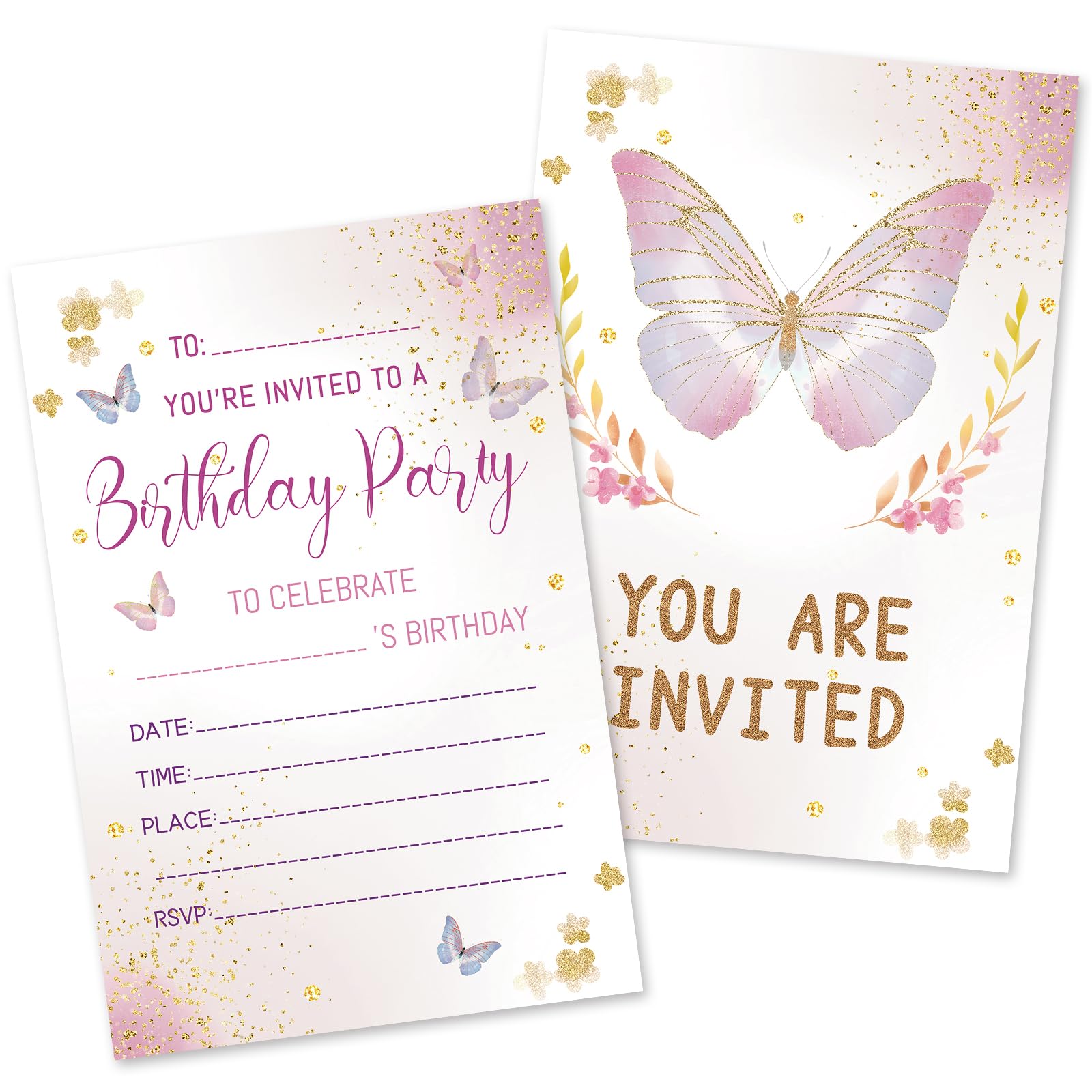 HOMANGA 20Pcs Birthday Party Invitations for Girls, Butterfly Birthday Invitation Cards with Envelopes, Party Invites for Kids Childrens Parties supplies (10x15 cm, Double-Sided) — image 1