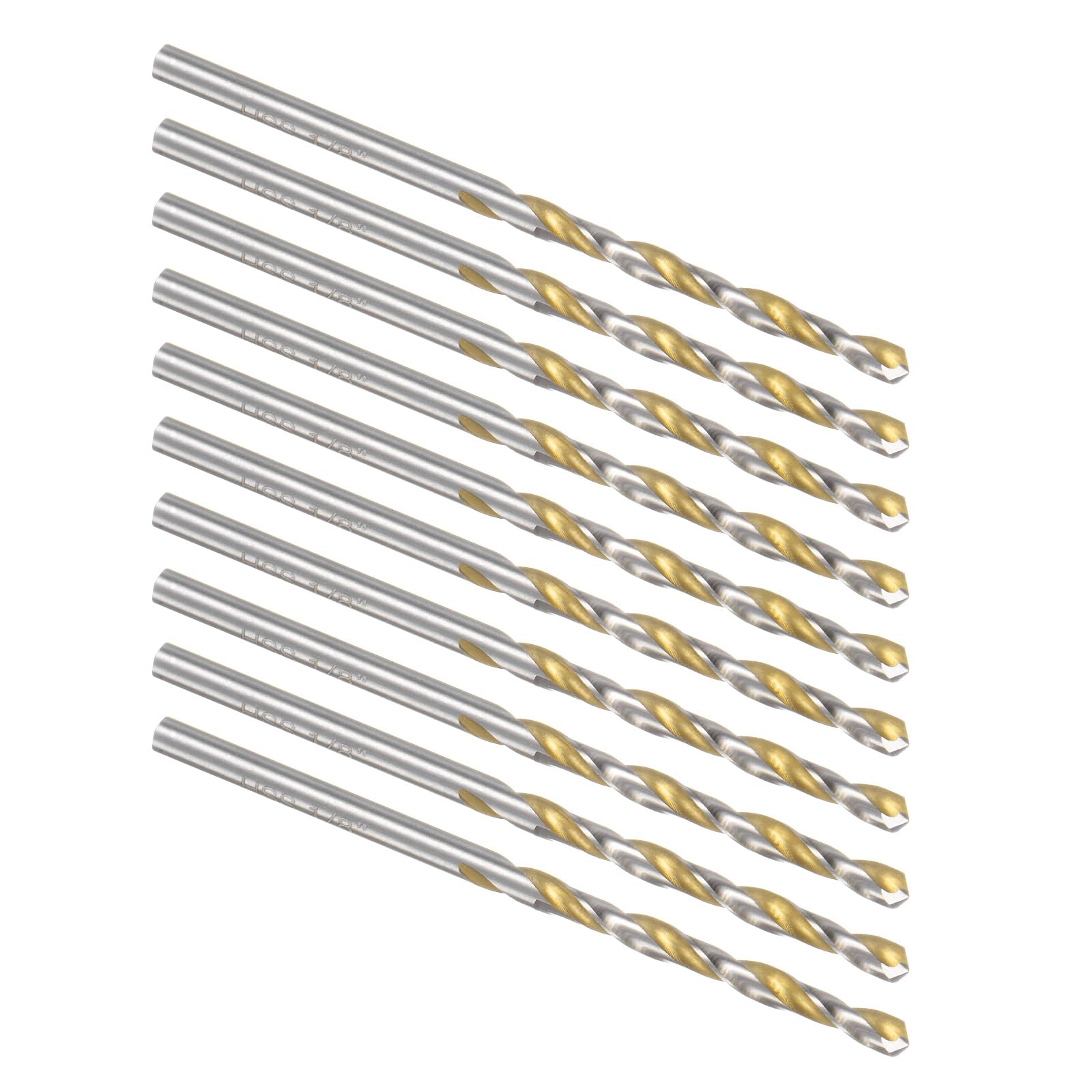 Kozelo 10Pcs Twist Drill Bit - [1/8"] Titanium Oxide Gold High-Speed Steel Round Shank Jobber Bit Set for Metal Wood Plastic Steel Use, 40mm / 1.57" Blade Length