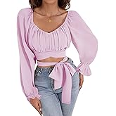 Rooscier Women's Ruched Wrap Square Neck Flounce Long Sleeve Self Tie Crop Top Blouse Light Purple X-Large