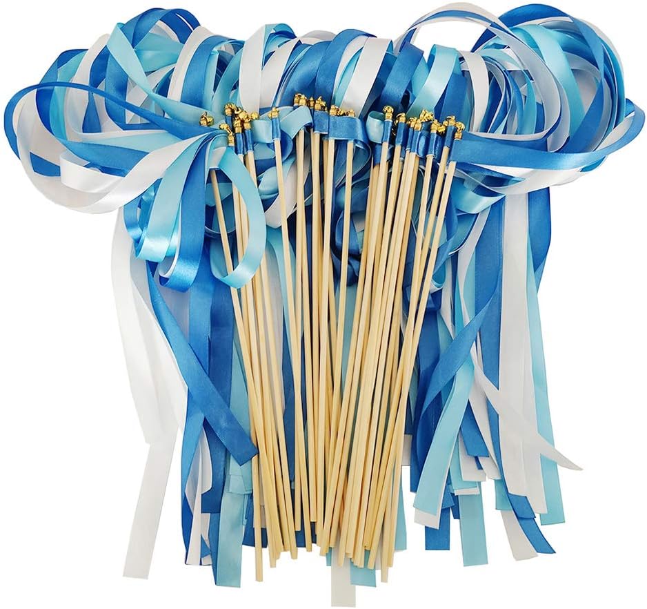 HANGNUO 30 Pack Ribbon Wands Wedding Streamers with Bells, Fairy Stick Wand Party Favors for Baby Shower Holiday Celebration, Blue