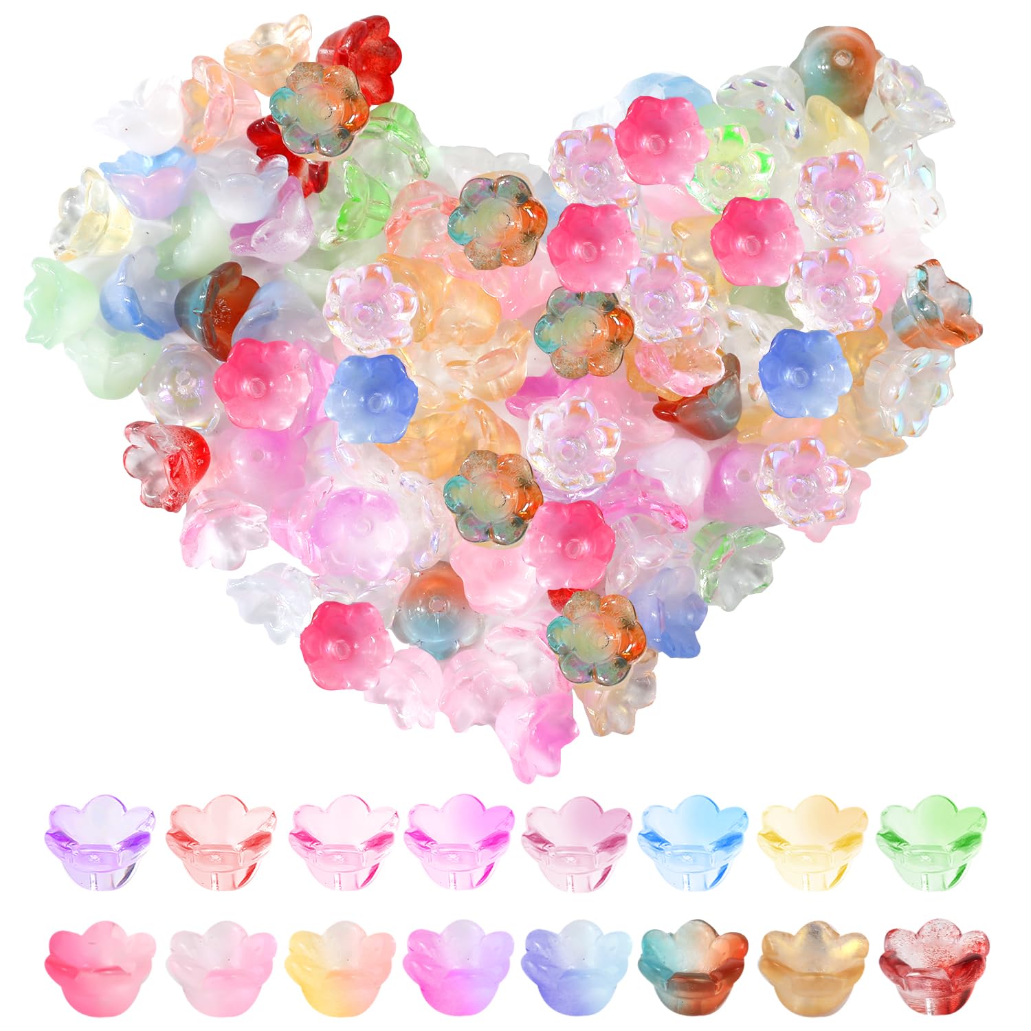 LUTER 100pcs Glass Flower Beads, Colorful with Holes Aesthetic Bell Orchid Shape Pastel Charm Bead for Jewelry Making Bracelet Necklace Phone Chain