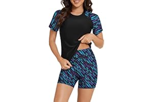 Bonneuitbebe Women's Two Piece Rash Guard Short Sleeve UPF 50+ Swim Shirt Built in Bra Bathing Suit with Boyshorts Bottoms