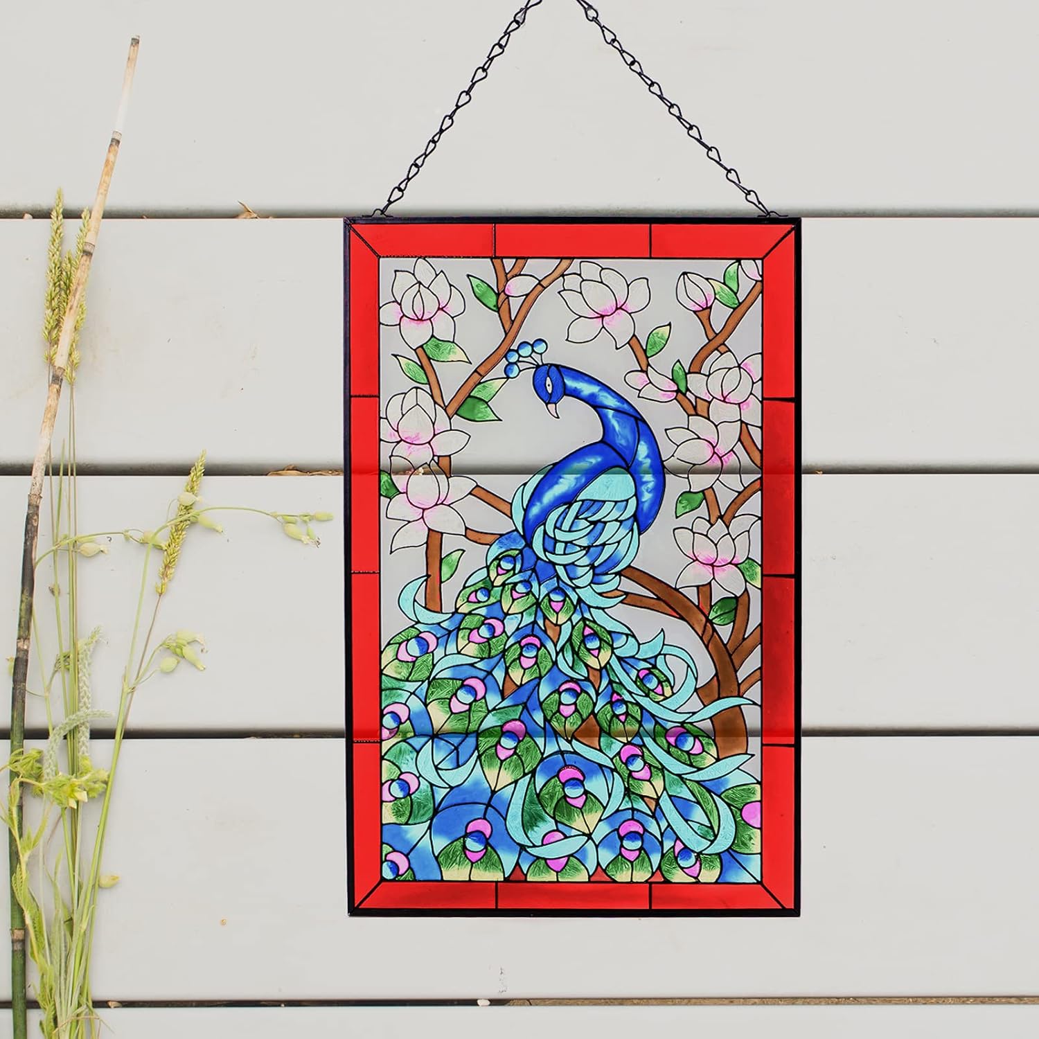 VEWOGARDEN Peacock Art Glass Suncatcher Hand Painted Stained Glass Panel Hangings Window Decor with Chain W10 xH15