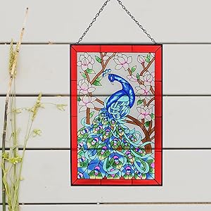 VEWOGARDEN Peacock Art Glass Suncatcher Hand Painted Stained Glass Panel Hangings Window Decor with Chain W10 xH15