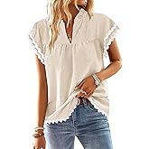 Falechay Womens Tops Summer Short Ruffle Sleeve V Neck Blouses Cute Boho Swiss Dot Lace Shirts Casual Flowy RIC Rac Trims Tee