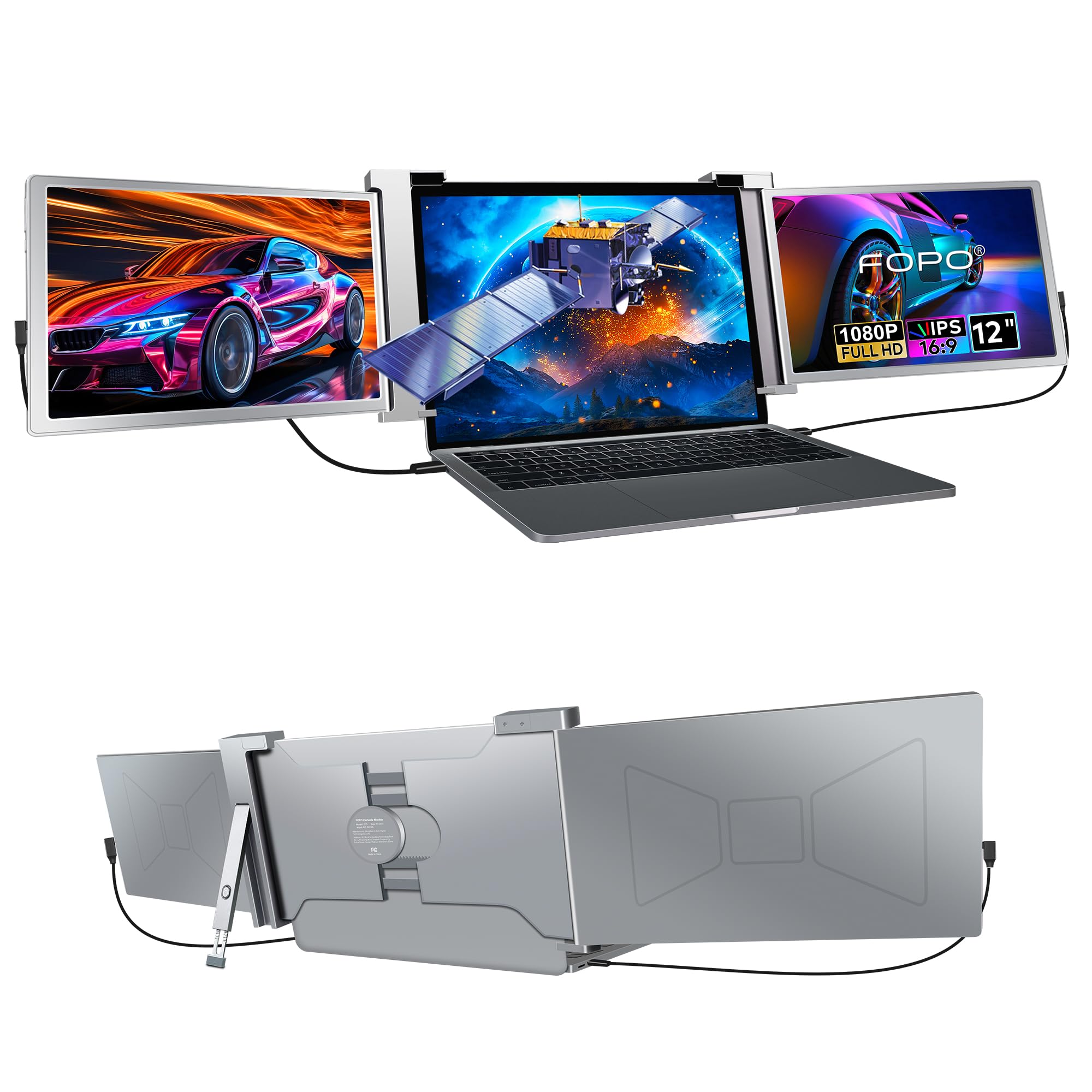 FOPO 12” Triple Portable Monitor, FHD 1080P IPS Laptop Monitor Extender with Full Function Type-C & Mini HDMI Ports, Plug & Play, Foldable Dual Screen Extender for 13-14.1” Laptops, Xbox, Switch, S12