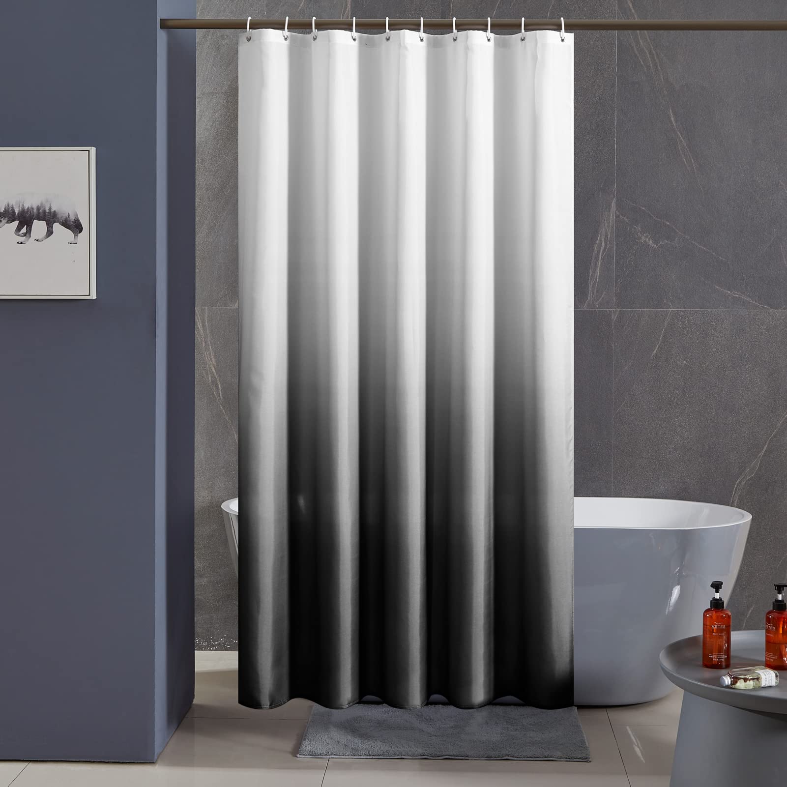 Furlinic Shower Curtain for Bathroom Mould Proof Resistant Polyester Fabric Bath Curtain Waterproof Washable with 6 Hooks for Wetroom White to Black Narrow 35x72 Inch(90x180cm).