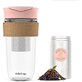 SoleCup. Large Travel Mug Loose Tea Infuser - Detachable Tea Strainer with Spill Proof Lid - 18oz/530ml BPA-Free Reusable Glass Travel Coffee Cup with Cork Band (Pink, 18oz)