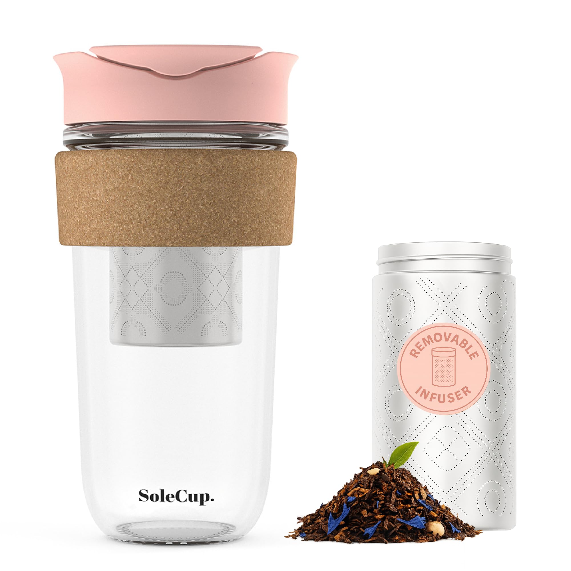 SoleCup. Large Travel Mug Loose Tea Infuser - Detachable Tea Strainer with Spill Proof Lid - 18oz/530ml BPA-Free Reusable Glass Travel Coffee Cup with Cork Band (Pink, 530ml / 18oz)