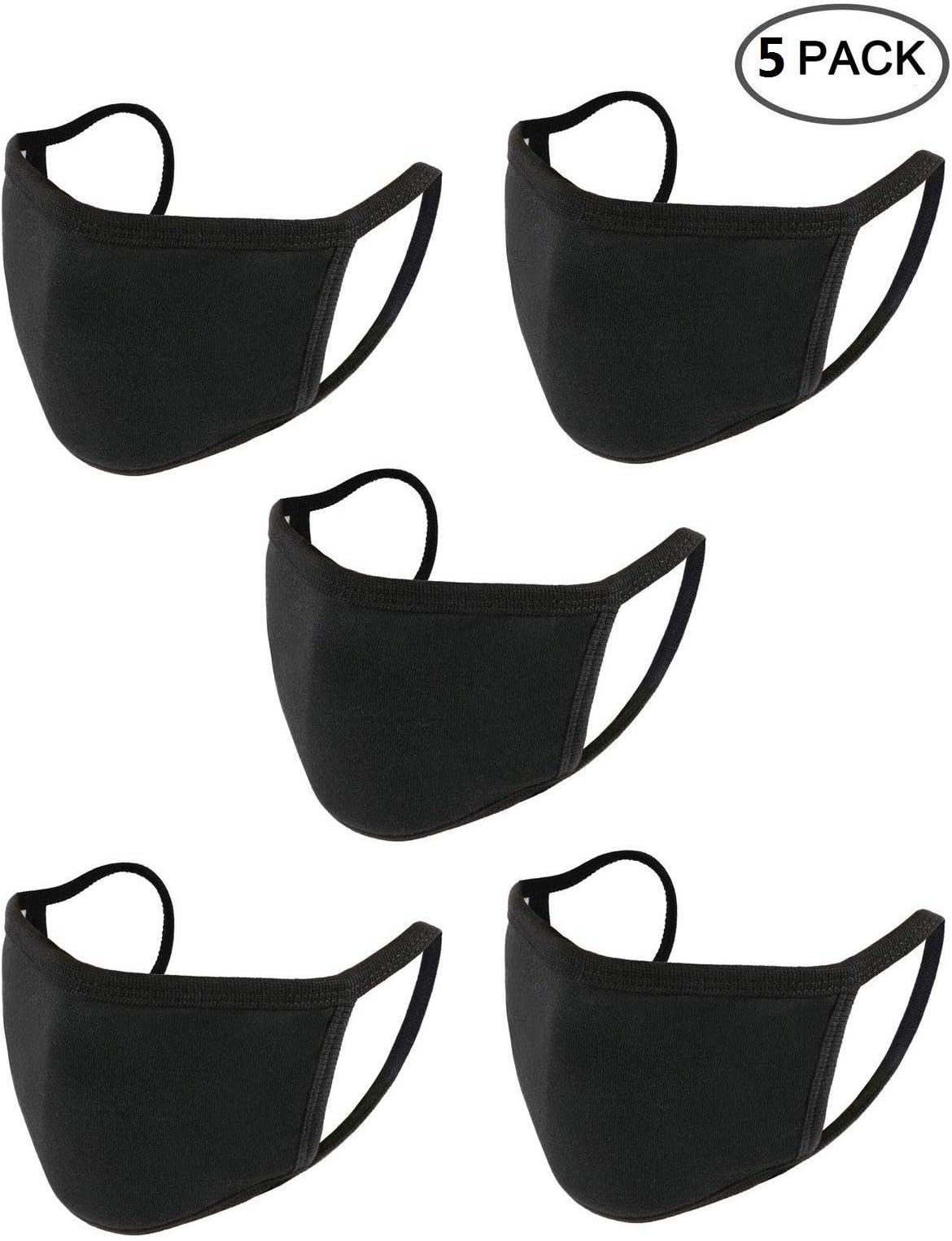 5 Pack Mouth Mask Teens Women Anti Dust Face Mask Cotton Mouth Mask, Black 3 Layers Cotton Face Mask for Cycling Camping Travel, Men and Women or Teens 12 to 16 Years