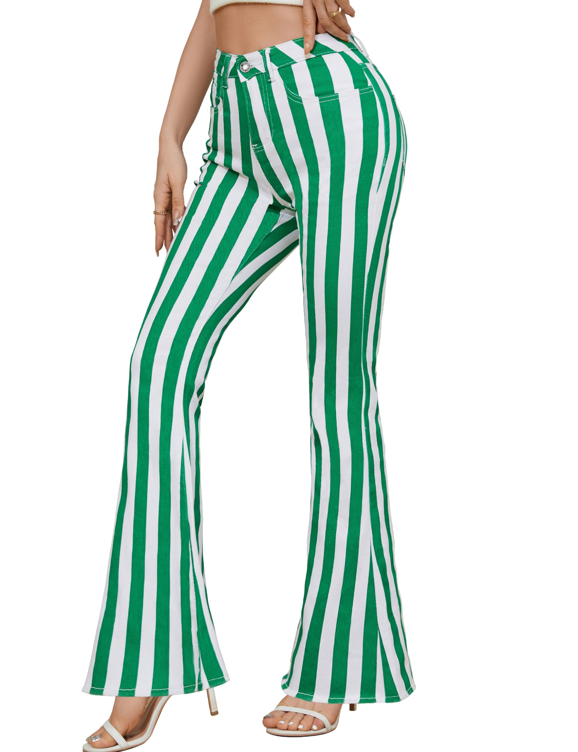 Photo 1 of Yuanbang Irish Gifts for Women Striped Flare Jeans High Waisted Bell Bottom Stretch Denim Bootcut Pants(Green White Striped,10)