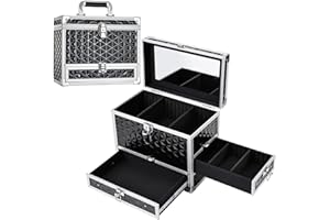 Costravio Makeup Train Case 11.8-Inch Professional Black Makeup Box Cosmetic Storage Organizer Portable Cosmetology Case Lockable Nail Box with 2 Drawers & Large Mirror for Makeup Kits &Tools
