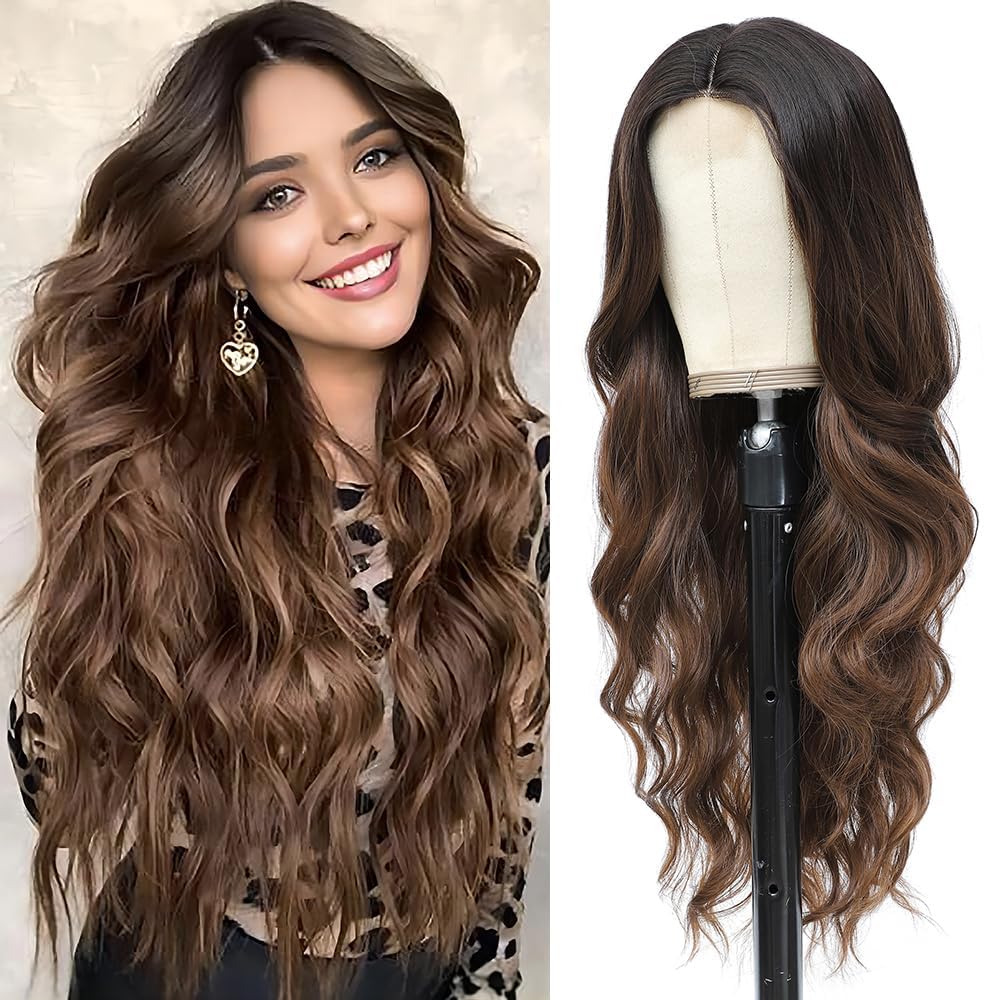 PORSMEER Long Wavy Wig - 26 Inch Middle Part Curly Wavy Synthetic Heat Resistant Fiber Wig for Daily Party Use (Ombre Brown)