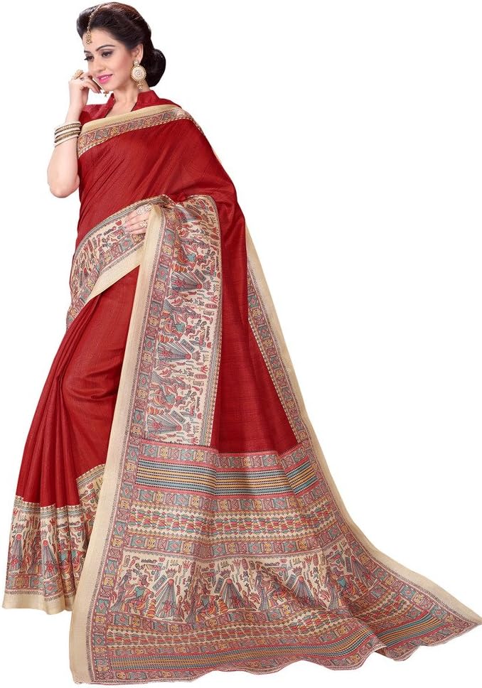 Applecreation Women'S Khadi Silk Saree With Blouse Piece ( Madhubani Printed Red _Free Size )