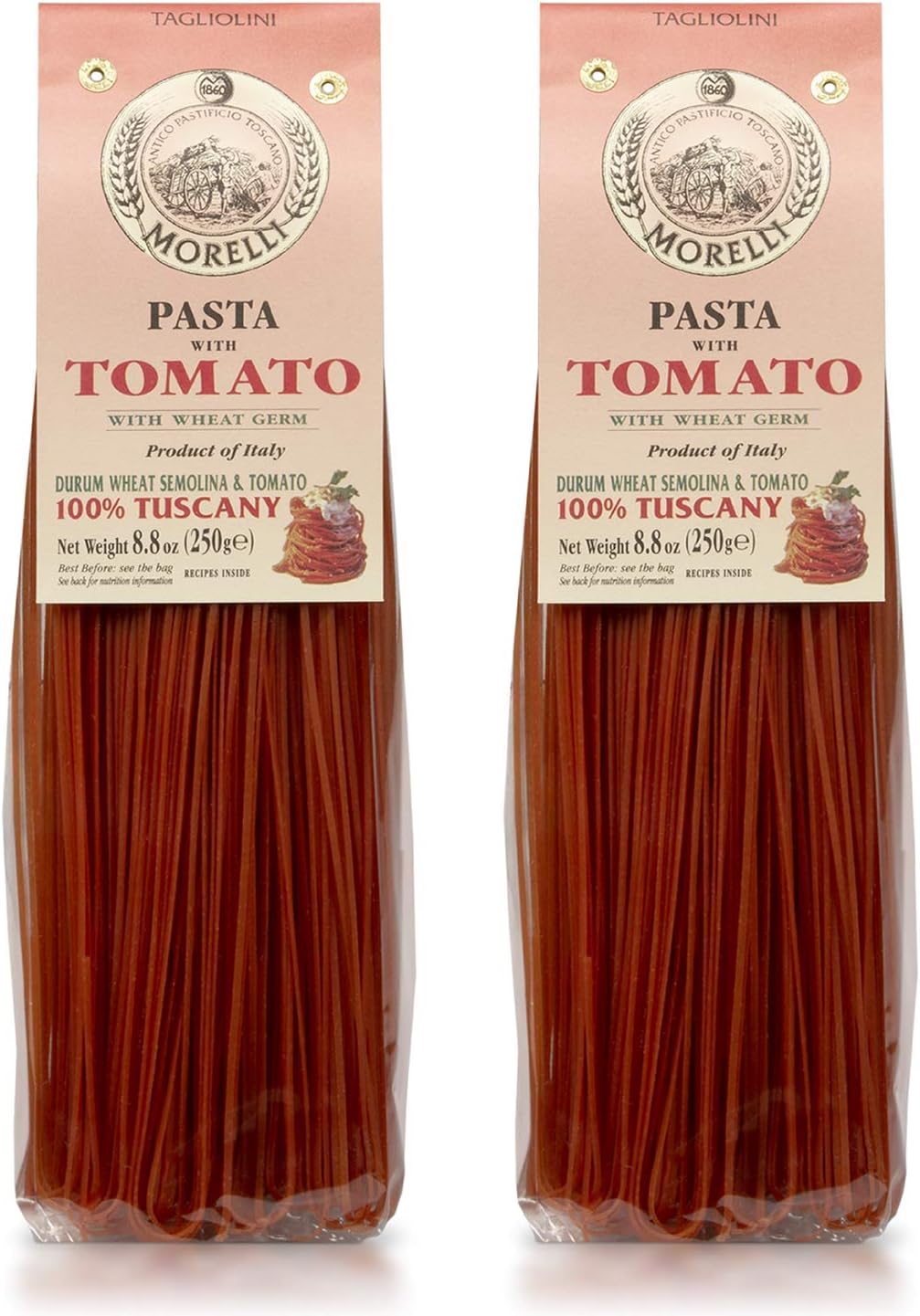Morelli Pasta Tagliolini Pasta with Tomato and Wheat Germ Made in Italy - Speciality Gourmet Italian Pasta - 8.8oz / 250g (2 pack)