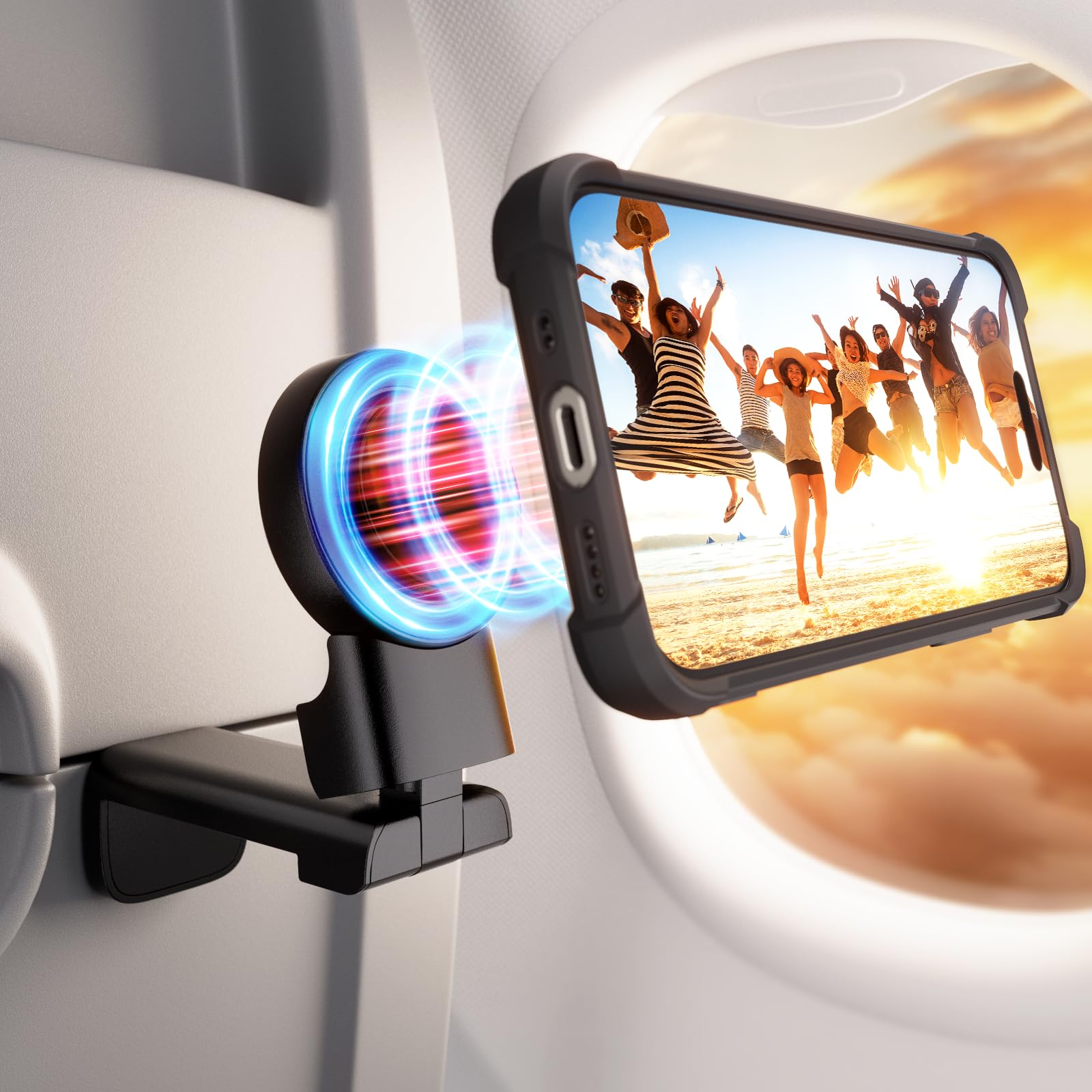 Airplane Phone Holder for MagSafe - Klearlook 4 in 1 Adjustable Phone Stand for Travel,360 Rotation Flight Phone Holder,Foldable Traveling Accessory for Flying/Travel/Home/Office-Magnetic Black