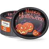 VEIZEDD 40 Pack Oval Halloween Plates 12 x 10 Inch Halloween Paper Plates Heavy Duty - Large Disposable Black Dinner Platters,Orange Pumpkin plates for halloween Party