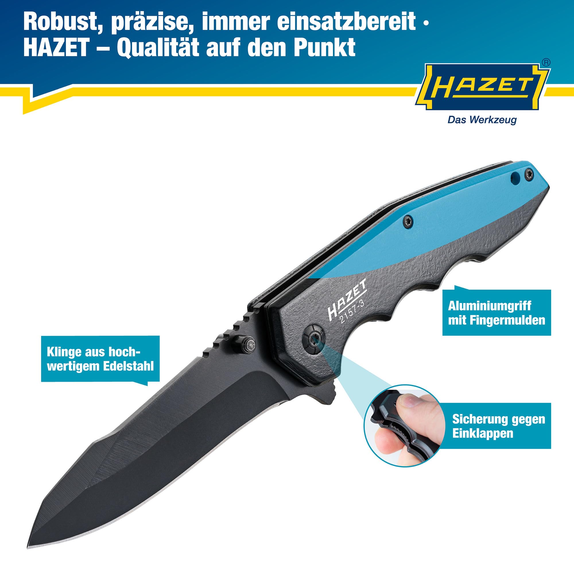 Hazet Klappmesser 2157-3 I Outdoor Taschenmesser mit hochwertiger Edelstahl-Klinge I Aluminium-Griff mit Fingermulden für den Einsatz in Werkstatt, Industrie oder Hobby 4