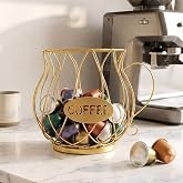SpaceTime Coffee Pod Holder with Handle,Large Capacity Iron Coffee Capsule Organizer for Kitchen Bar Countertop &amp; Office Desktop,Sturdy Coffee Pod Basket for Coffee Pods Fruit Snack Storage (Gold)