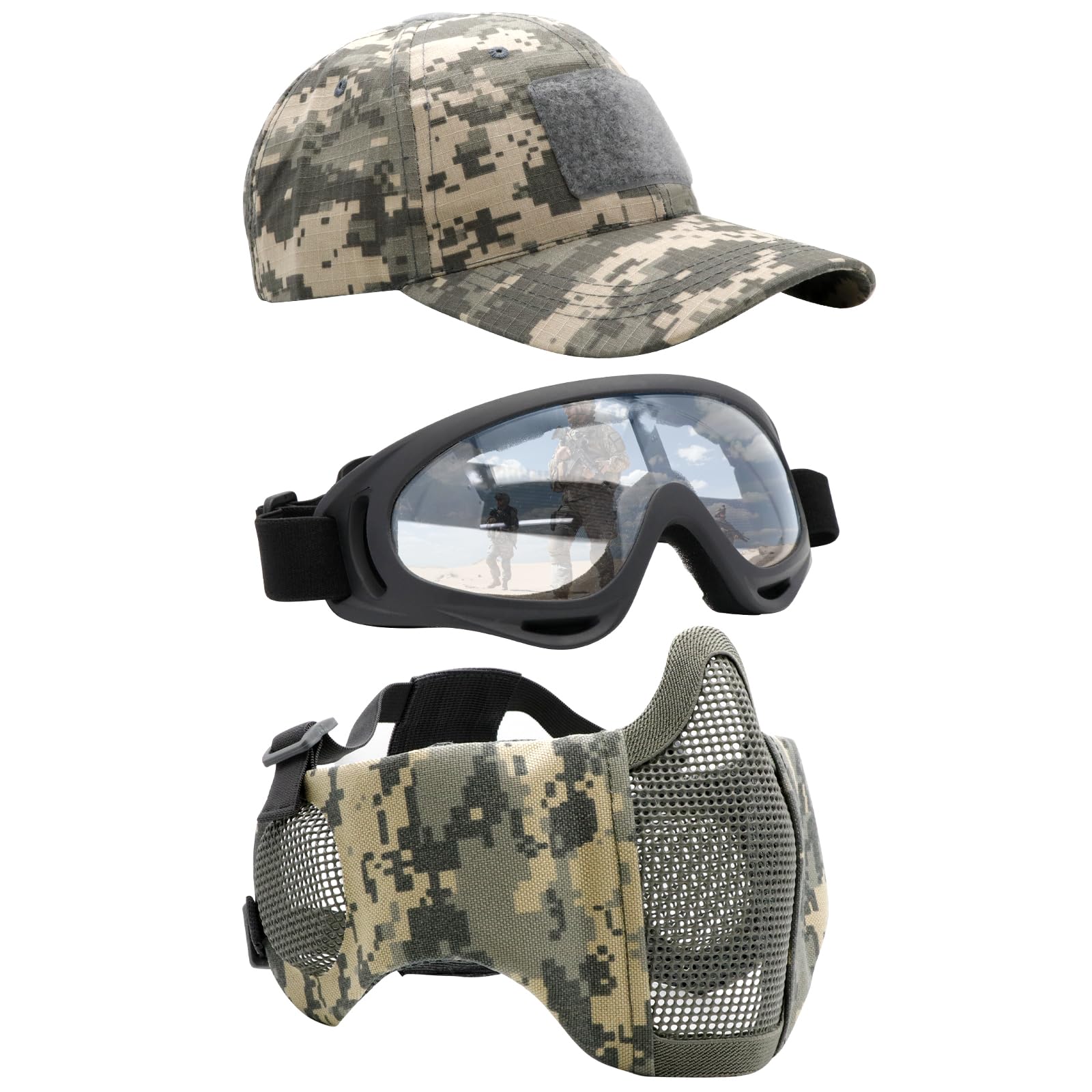 Yzpacc Airsoft Half Face Mask with Goggles& Patch Hat Set, Tactical Masks Full Face Ear Protective Baseball Cap for CS Halloween and Game (ACU-BK, 3PCS)