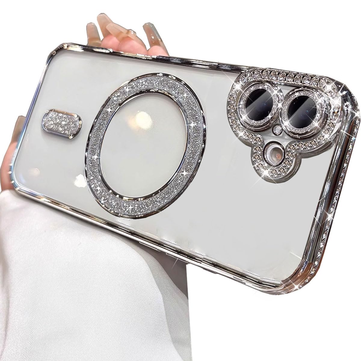 AuroiCCY for iPhone 17 Case Magnetic, [Compatible with MagSafe] Women Cute Clear Glitter Bling Diamond Rhinestone Sparkly Case Camera Lens Protectors Plating Cover, Silver