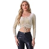 Allegra K Velvet Crop Top for Women's Halloween Ruched Drawstring Front Party Long Sleeve Top