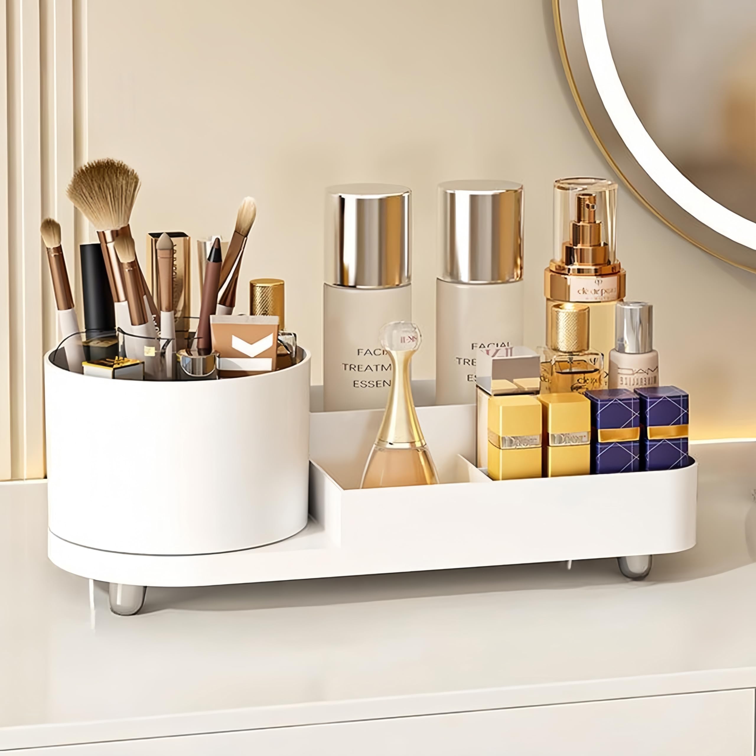 HARLIANGXY Cosmetic Organiser, Dressing Table Storage Box, Beauty Organiser, White, Make Up Organiser with 360° Rotating Make Up Brush Holder, Makeup Organiser for Bathroom, Washbasin