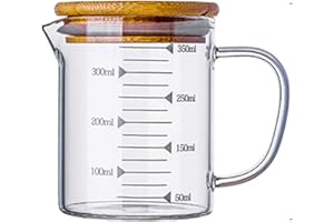 KINNOSE Graduated Beaker Mug with Handle and Durable Bamboo Lid Borosilicate Glass Multi-Function Food Grade Measuring Cup 350ML