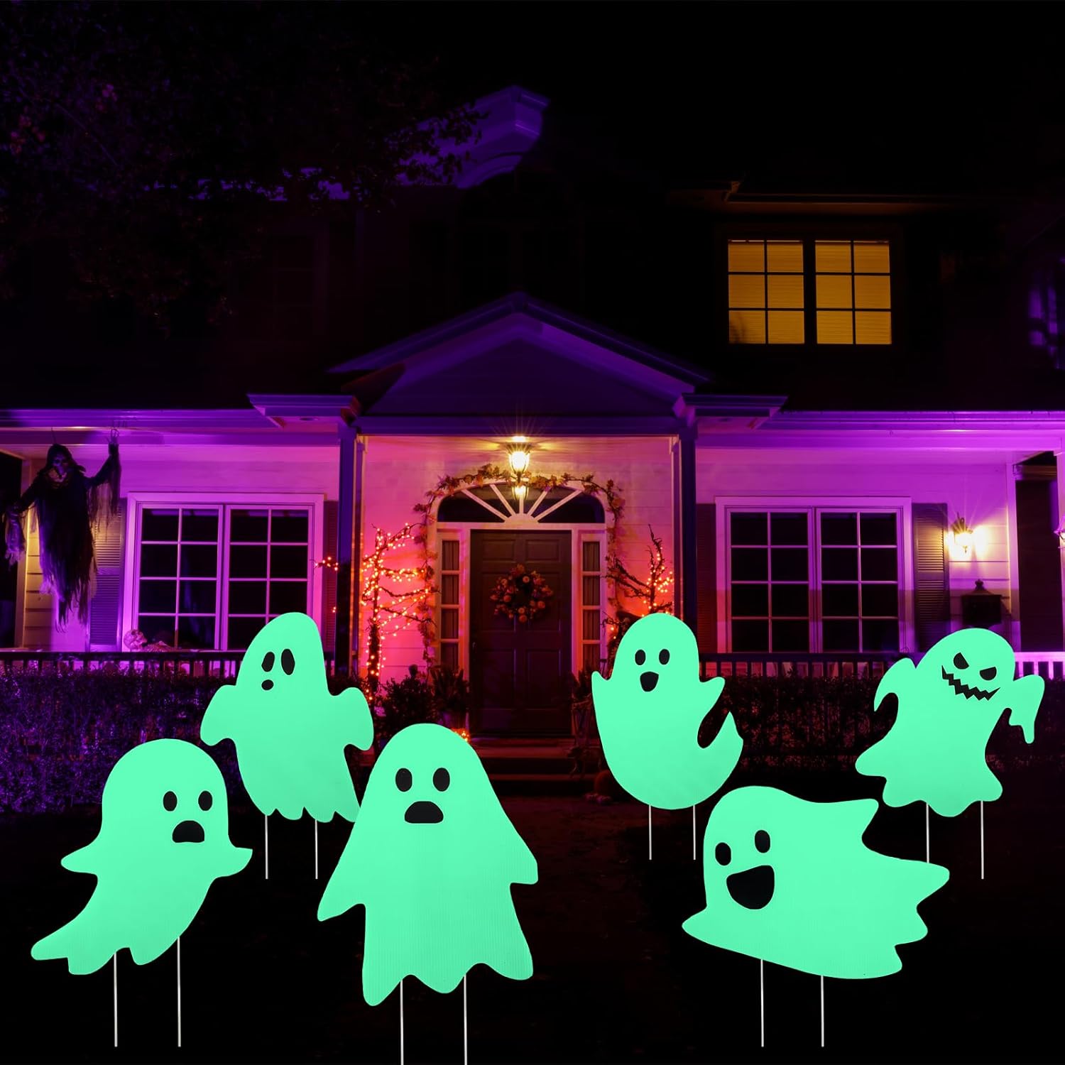 Yard Signs - Halloween Decorations Outdoor Yard Signs Glow in The Dark Signs with Stakes Long Time Glow, The Halloween Scary Ghost Yard Signs for Spooky Halloween Yard Lawn Patio Garden Day of The Dead Decoration Supplies(6pcs)