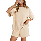 Aoysky Womens Waffle Knit 2 Piece Outfits Casual Short Sleeve Shirts and Shorts Sets Loose Fit Summer Outfits