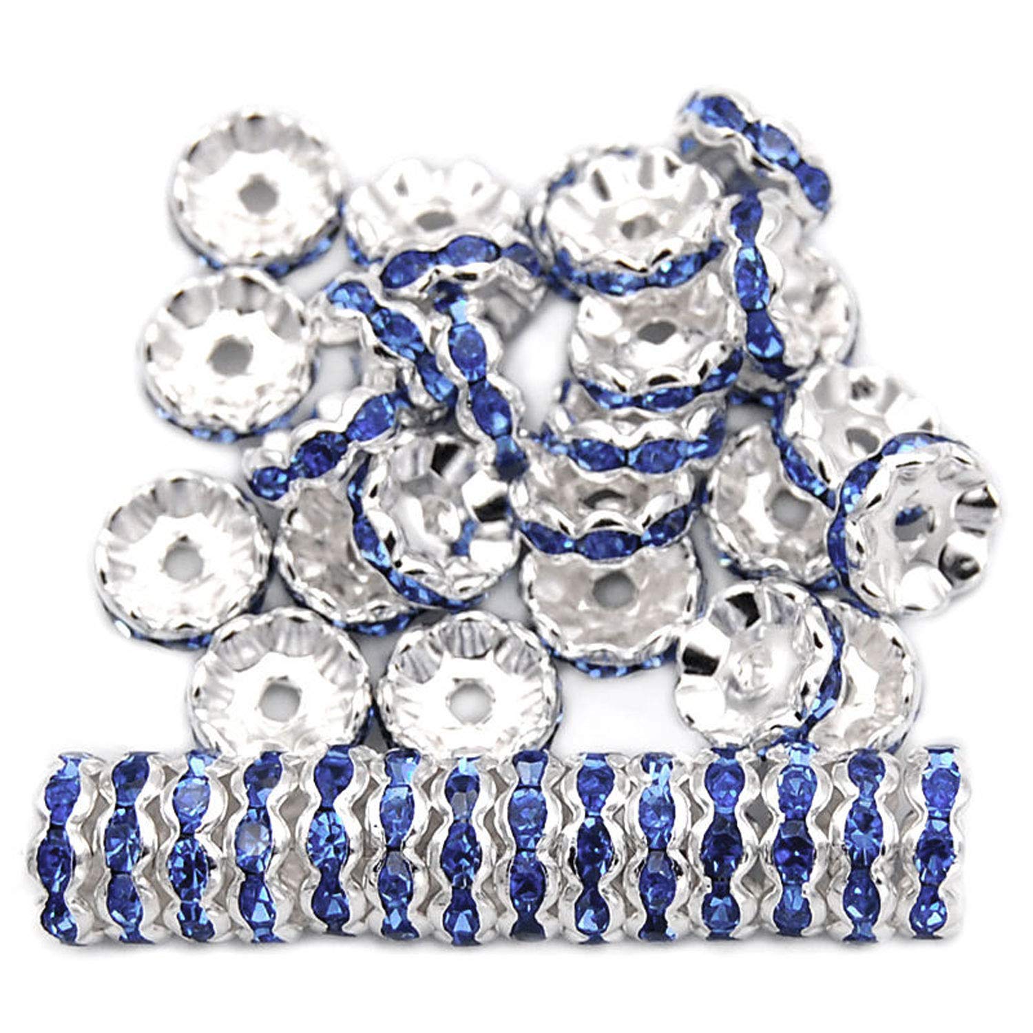 RUBYCA 100pcs 4mm Wavy Rondelle Spacer Beads Silver Tone Light Sapphire Czech Crystal