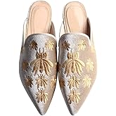 Fericzot Women's Velvet Backless Pointed Toe Slip On Loafers Flats Embroidery Mule Slippers Shoes