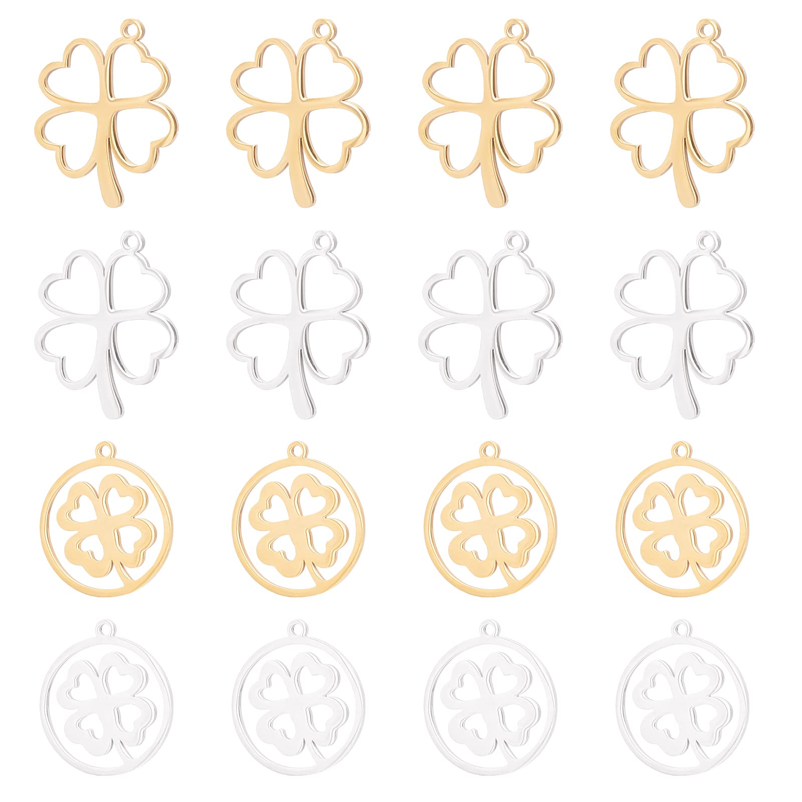 DICOSMETIC 16Pcs 2 Styles Stainless Steel Hollow Four Leaf Clover Pendant St Patrick's Day Pendant Good Luck Charm Irish Shamrock Shape Pendnat Fortune Charm for Jewelry Making Craft