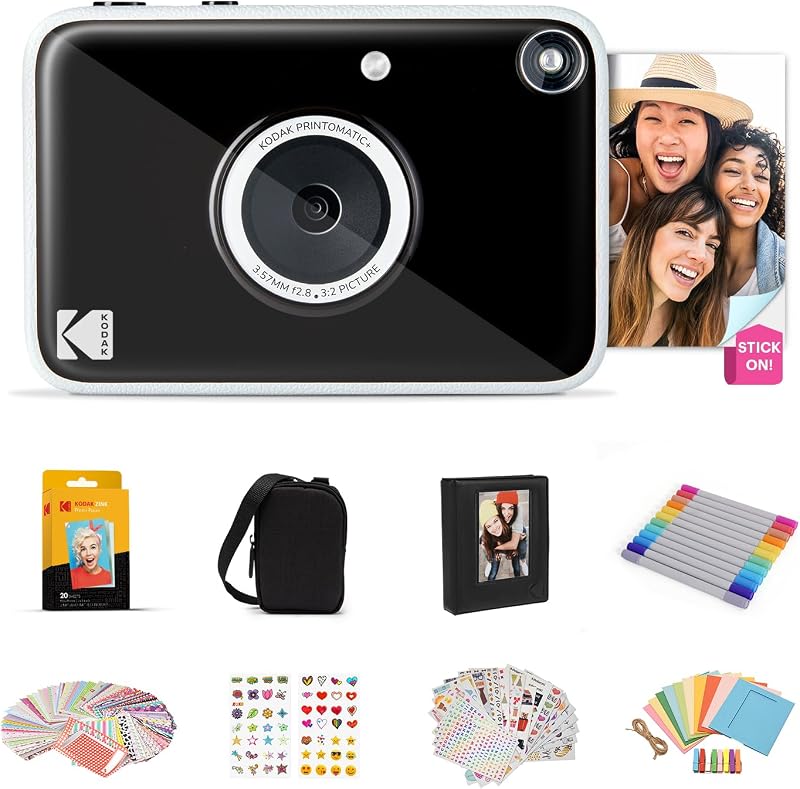 Pacote de Presente da Câmara Digital Instantânea Printomatic+ 10MP com Caixa, Papel Zink 2x3" 20 folhas, Álbum, Autocolantes e Marcadores – Preto