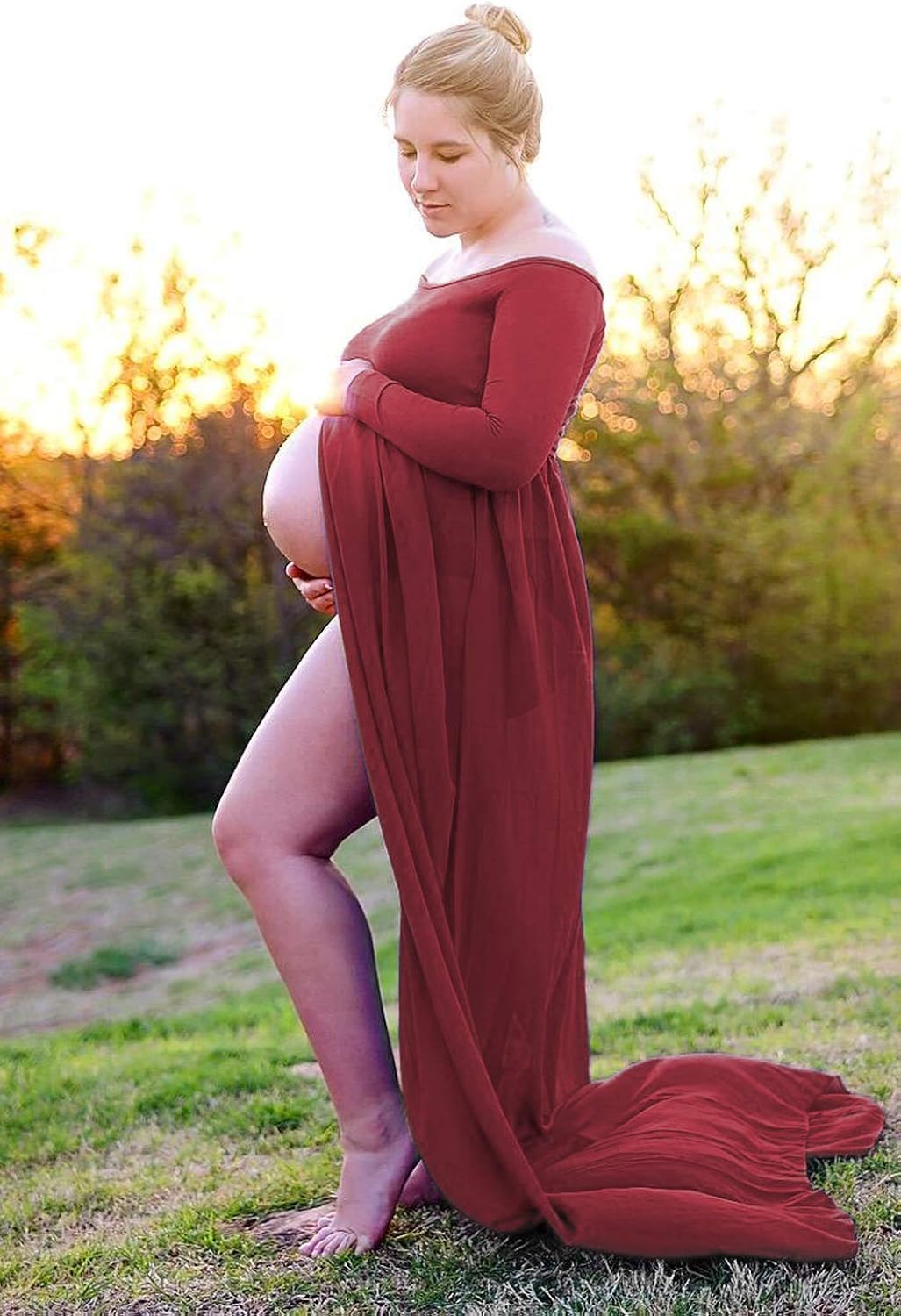 Maternity Dress for Photography Off Shoulder Long Sleeve Chiffon Gown Split Front Maxi Pregnancy Dresses for Photoshoot (A-Burgundy) at  Women’s Clothing store