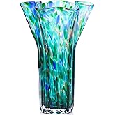 7.8" Tall Teal Vase Hand Blown Glass Vase Green, Modern Teal Home Centerpieces Wide Mouth Vases for Bud&Flower Decor - Ideal Living Room, Kitchen, Wedding, Dining Table, Office Center Table