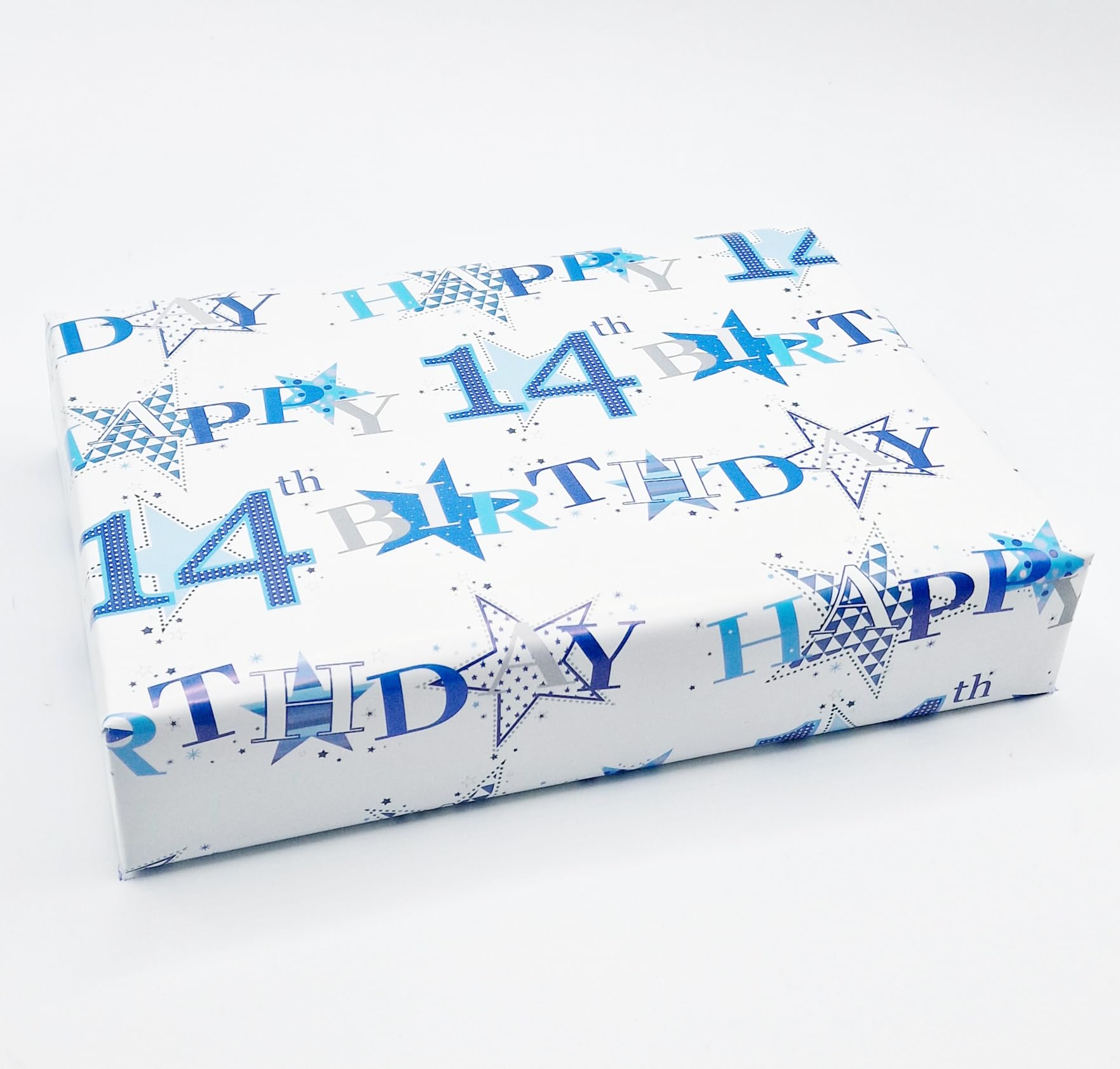 Party Angels 2 Sheets Star Design 14th Birthday Blue Boy Wrapping Paper Age 14 Birthday Gift Wrap Paper Boy Male (PA)