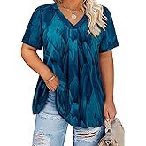 Siddhe Plus Size Tops for Women Short Sleeve Tunic Blouse Dressy Casual Pleated V Neck Spring Fashion Shirts XL-5XL