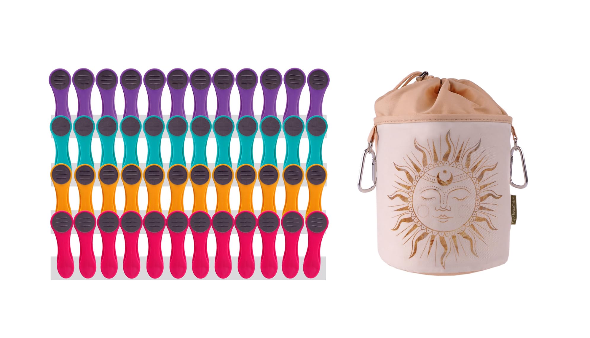 48 Clothes Pegs with Soft Grip and 1 Clothes Peg Bag - 12 x Purple, 12 x Turquoise, 12 x Yellow, 12 x Pink, 1 x Yellow Bag — image 1