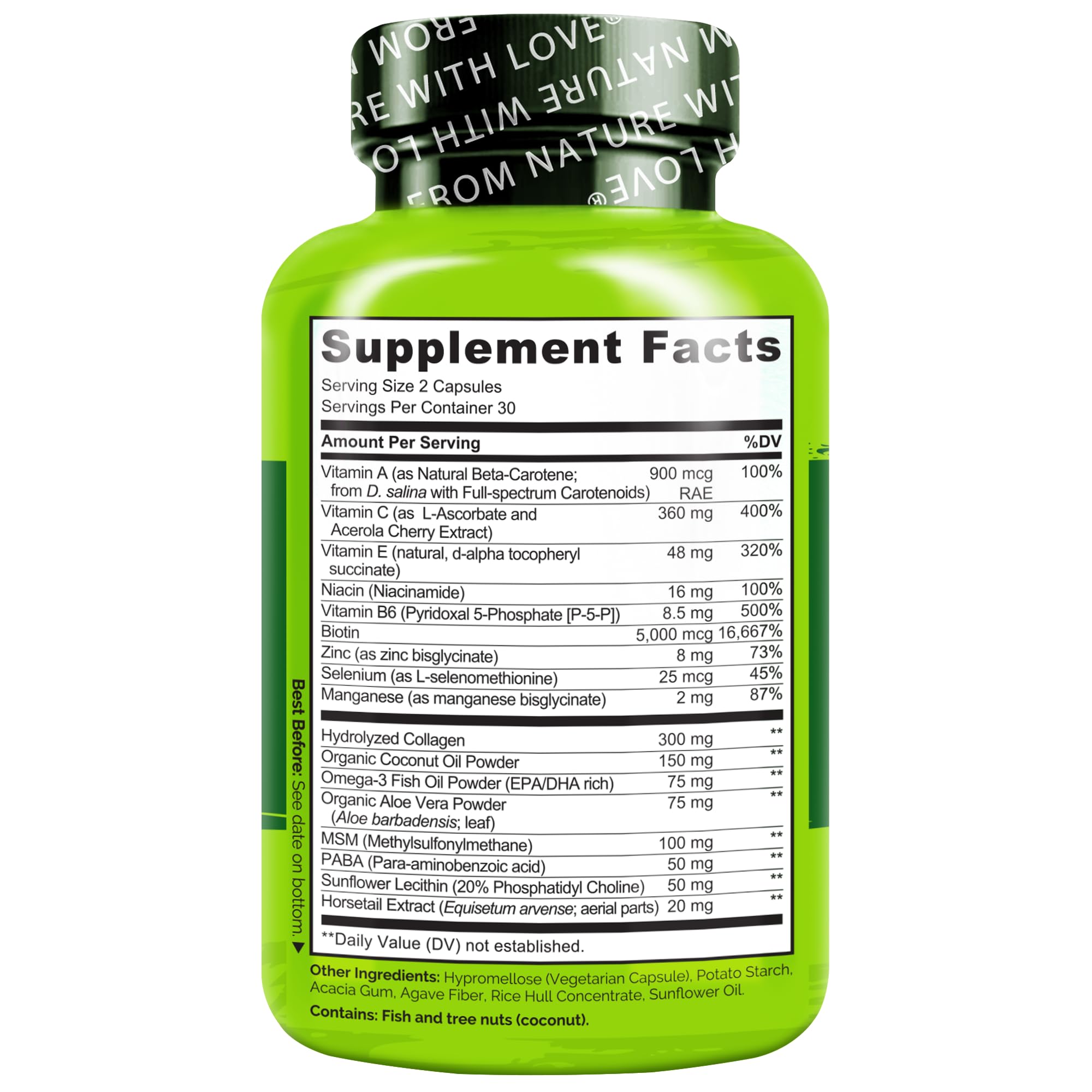 NATURELO Hair, Skin and Nails Multivitamin - 5000 mcg Biotin, Collagen, Natural Vitamin E - Supplement for Healthy Skin, Hair Growth for Women and Men – 60 Capsules