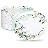 FYSUIMU 50 Pcs Greenery Oval Paper Plates Green Eucalyptus Leaves Disposable Plates 12 x 10 Inch Watercolor Tableware Plates for Wedding Birthday Baby Shower Party Supplies