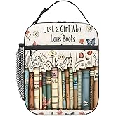 VODRM Retro Book Lunch Box for Kids,Flower Insulated Bag for Student,Library Reusable Thermal Insulation Cooler Tote Bags for School Work Picnic Camping Outdoor Gifts (Just a Girl Who Loves Books)