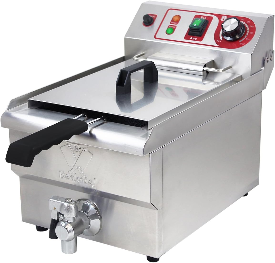 Beeketal 'BWF-101P' Profi Gastronomie Kaltzonen Fritteuse (11 Liter Volumen für max. 9 Liter Öl) Edelstahl Gastro Imbiss Friteuse mit Doppelheizspirale, Temperaturkontrolle und Fettablaufhahn