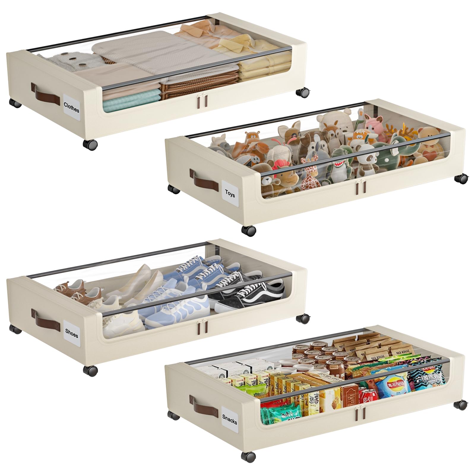 Photo 1 of Under Bed Storage with Wheels, 4 Pack Under Bed Storage Containers with Clear Lids, XXL 60L Under-Bed Organizers for Clothes, Shoes – Durable Storage Bins with Smooth Rolling Wheels (White, 4 Pack)