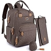Dikaslon Diaper Bag Backpack with Portable Changing Pad, Pacifier Case and Stroller Straps, Large Unisex Baby Bags for Boys Girls, Multipurpose Travel Back Pack Moms Dads, Brown