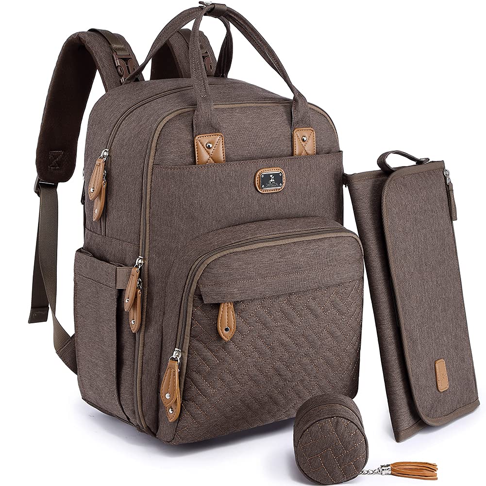 Photo 1 of Dikaslon Diaper Bag Backpack with Portable Changing Pad, Pacifier Case and Stroller Straps, Large Unisex Baby Bags for Boys Girls, Multipurpose Travel Back Pack Moms Dads, Brown