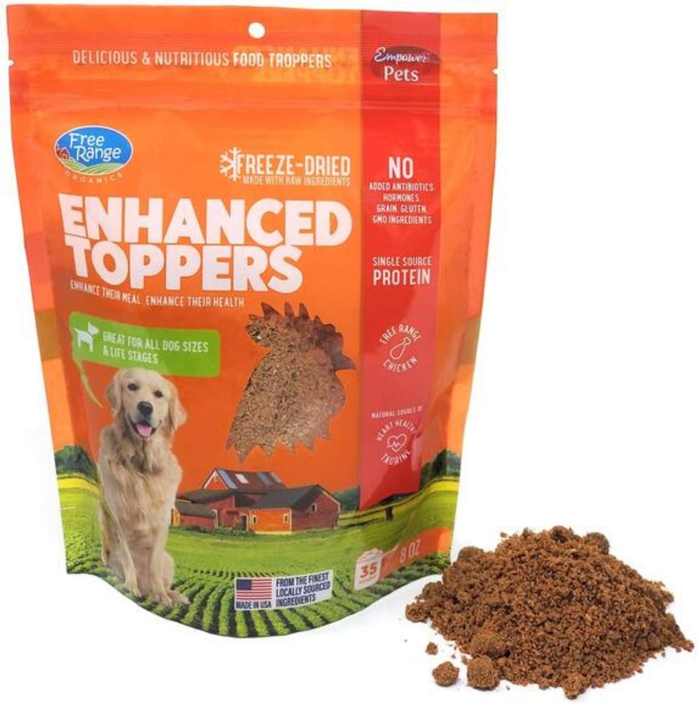 Bristly Free Range Organics Enhanced Toppers - USDA Certified Raw Freeze-Dried Dog Food Topper Enhanced with Taurine, Probiotics, Amino Acid Complex for Whole Body Health- 8oz - Made in USA
