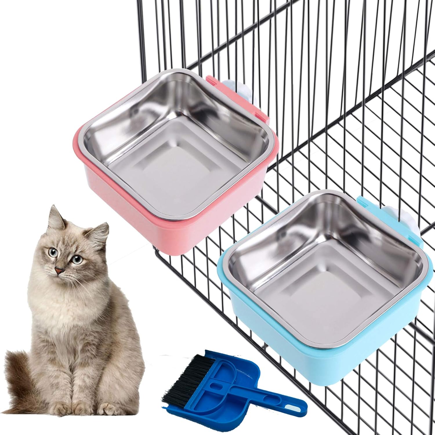 Tfwadmx Cat Food Bowl for Cage, Small Pet Hanging Removable Water Dish Feeding Cup with Holder Small Cleaning Broom Set for Dog Puppy Rabbit Chinchilla Guinea Pig. : Kitchen & Dining