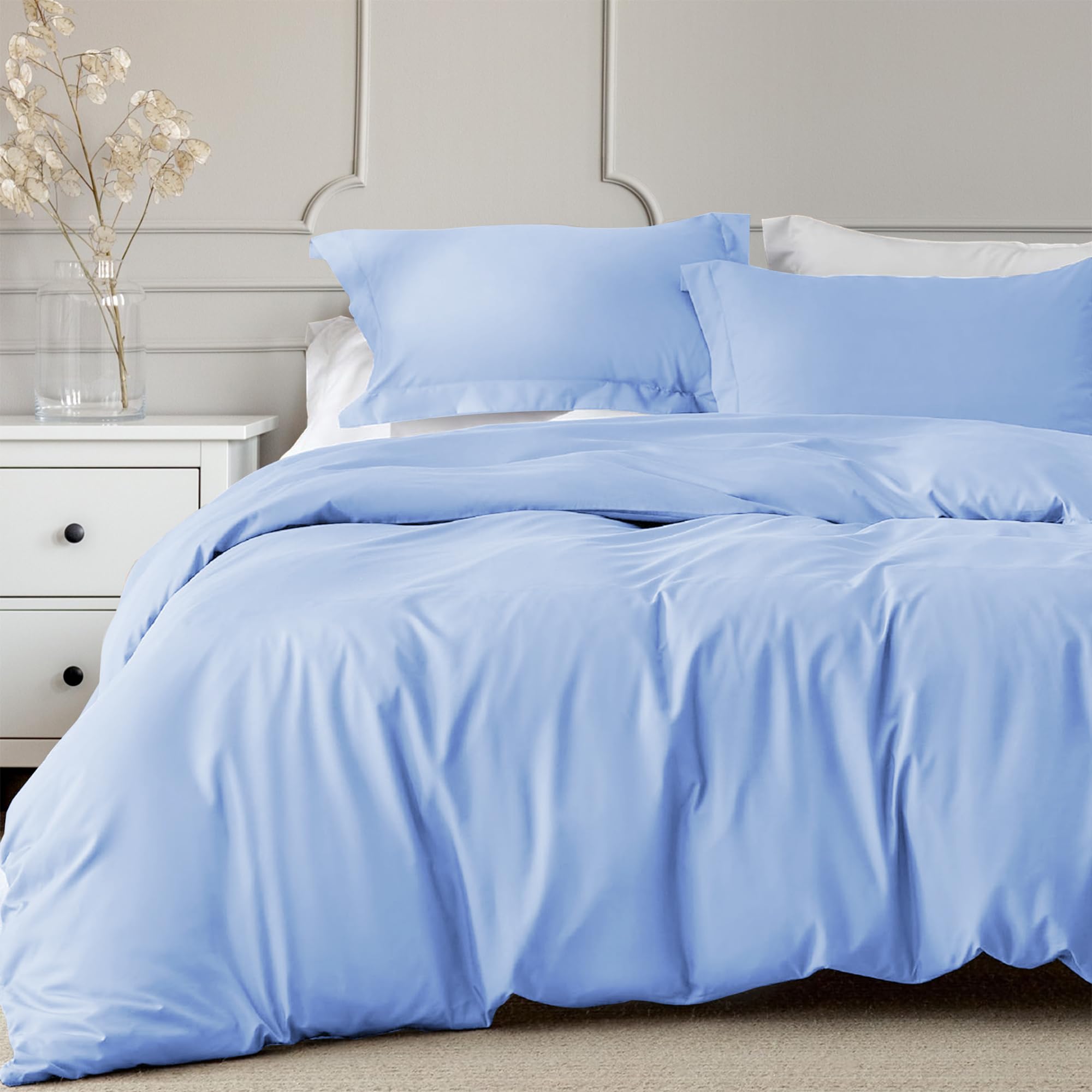 Linens World 200 Thread Count 100% Egyptian Cotton Duvet Quilt Cover Bedding Sets with Pillow cases (Sky Blue, Double)