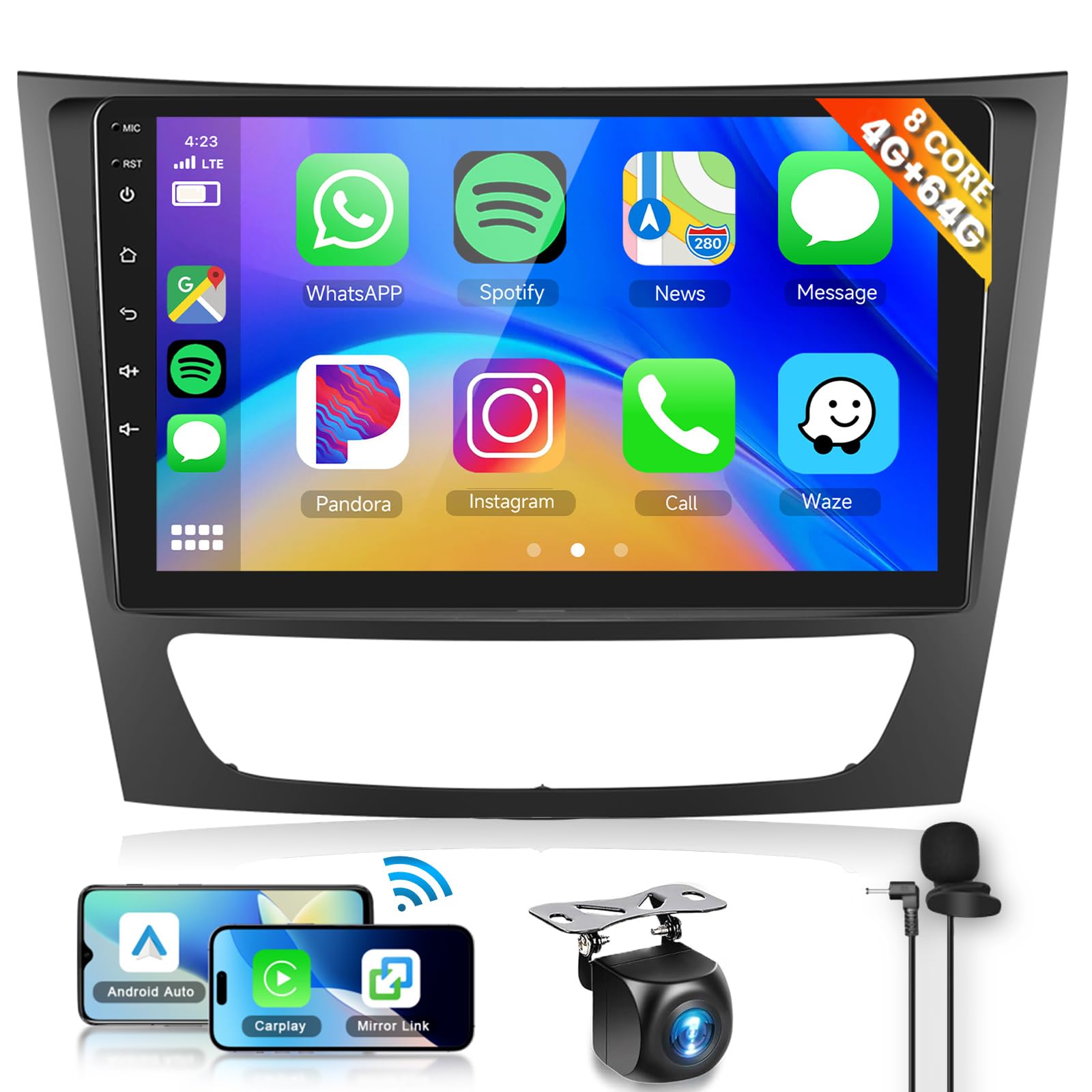 Photo 1 of 8Core 4+64G Car Stereo for Mercedes Benz E Class W211 E200 CLS W219 2002-2009 Wireless Carplay Android Auto,9 inch IPS Touch Screen Radio,Android13/GPS/WiFi/32EQ DSP/59UI/Bluetooth/SWC/Backup Camera
